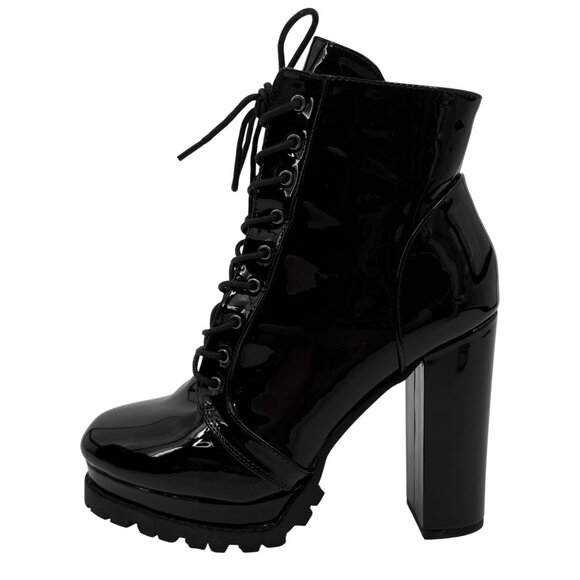 Black Faux Patent Leather Lug Sole Edgy Sexy Baddie Platform Heel Boots 10 - Picture 5 of 16
